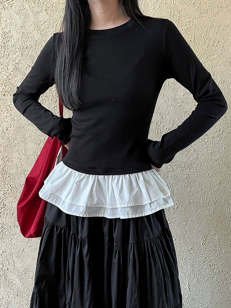 バレエ風レース花边を拼接した修身ロングTシャツ型打底衫