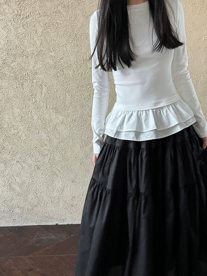 バレエ風レース花边を拼接した修身ロングTシャツ型打底衫